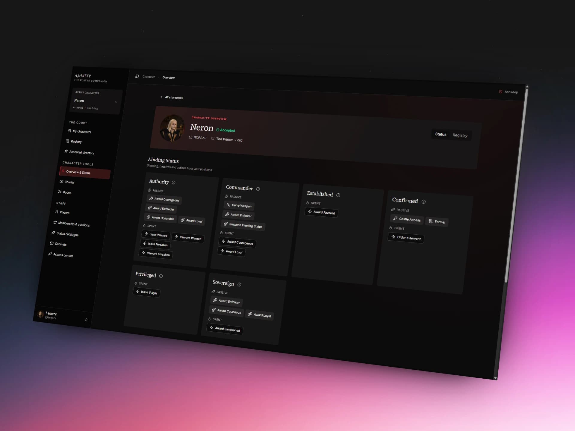 The Ashkeep Companion character and Status interface