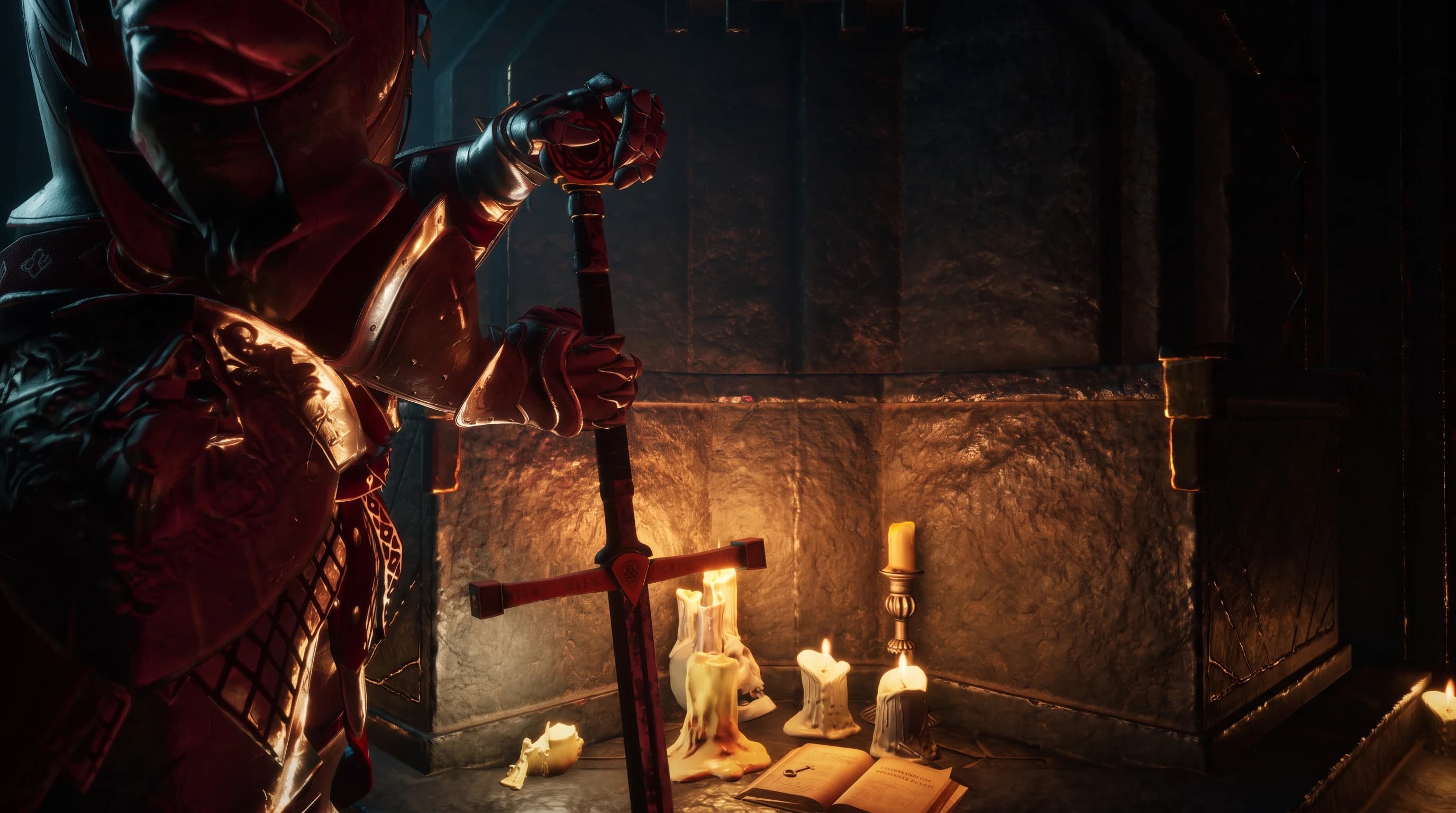 An armored figure holding a sword among burning candles