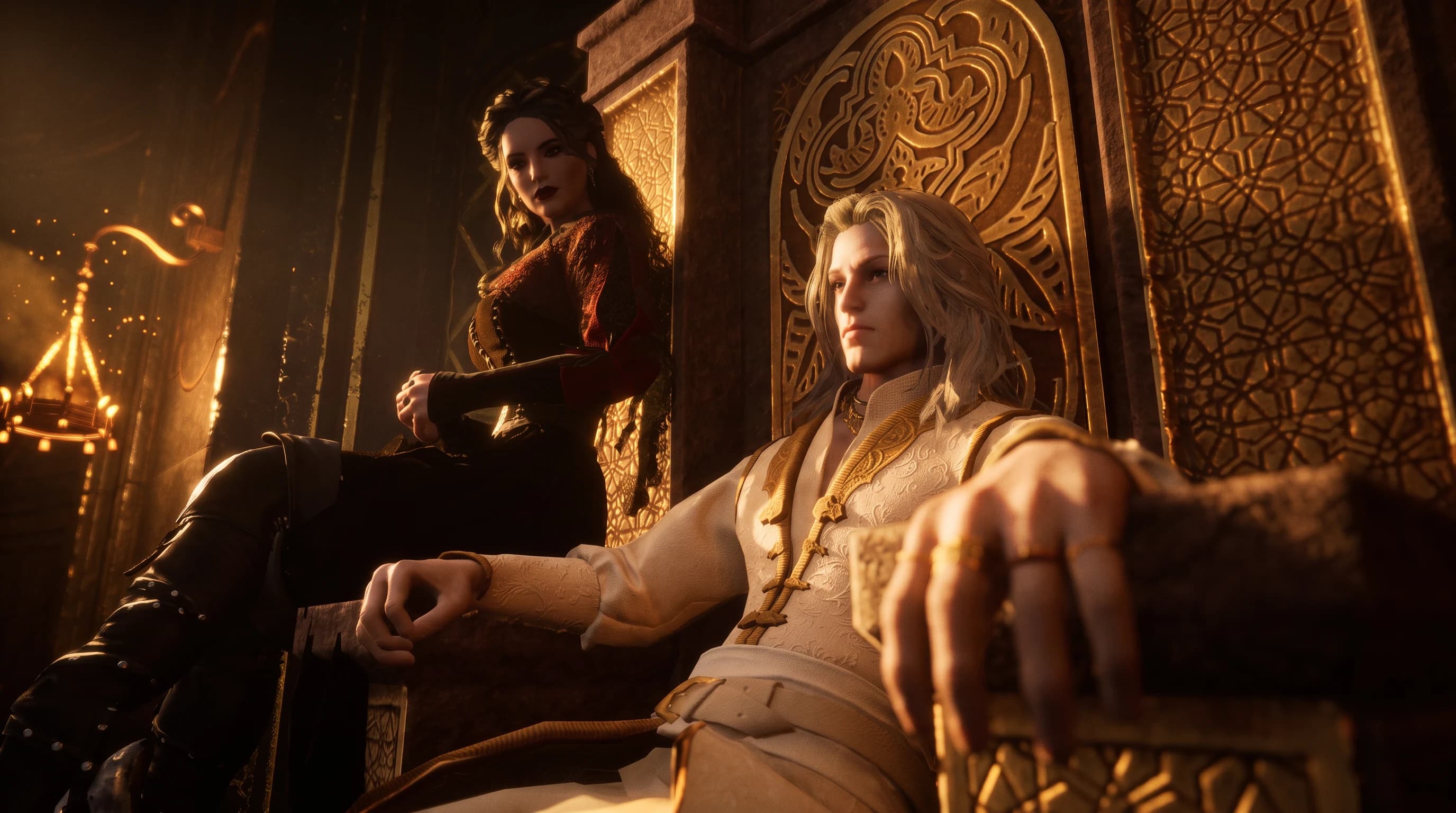 Two figures seated beside a carved throne